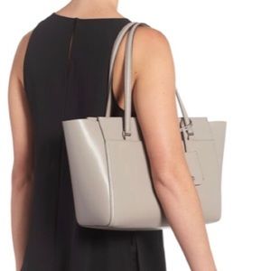 TORY BURCH Gray Leather Parker Tote Handbag Purse Leather DustStorm Cardamom NEW